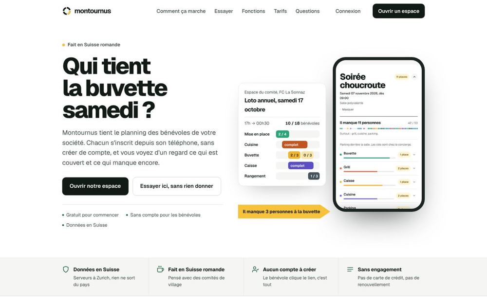 Accueil de montournus.ch : titre « Qui tient la buvette samedi ? » et aperçu du planning
