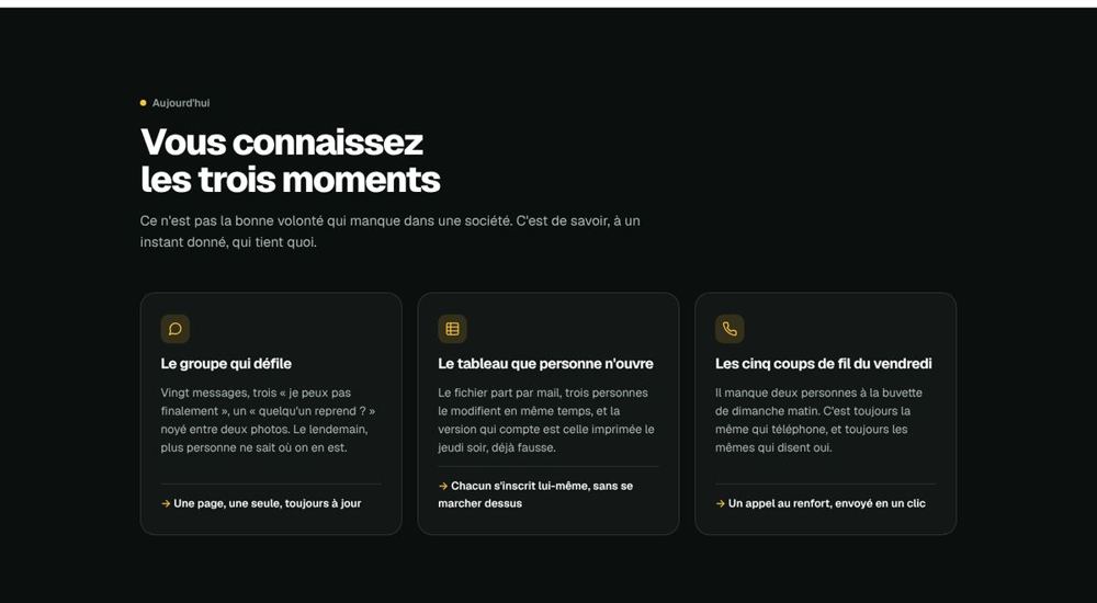 Section « Vous connaissez les trois moments » sur fond sombre