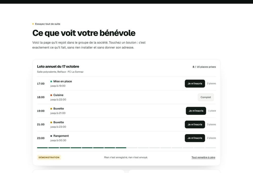 Section « Ce que voit votre bénévole » : liste des créneaux d'un loto