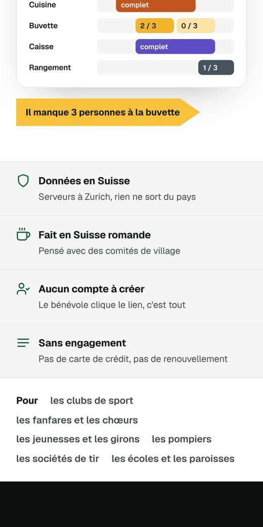 Planning d'un événement sur téléphone avec états complet et places libres